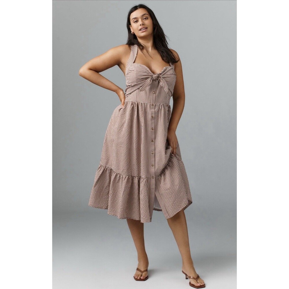 Anthropologie Maeve Midi Dress Brown Halter Bow Front Preppy Retro Size XL NWT